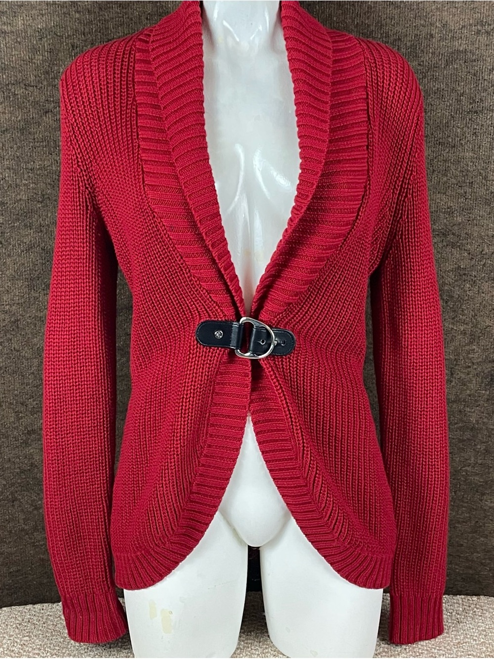 Lauren Ralph Lauren Sweater Womens M Red 100% Cotton Cable Knit Wrap Buckle R2